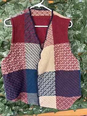 Sugar street weavers, Patchwork Knit Vest - Burgundy, Navy & Cream